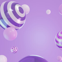 Abstract background with 3d geometric shapes. Dynamic purple wallpaper with 3d spheres balls or particles. Modern elements cover design, trendy banner or poster, New Year and Celebration Concept.