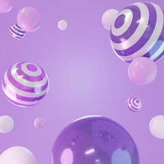 Abstract background with 3d geometric shapes. Dynamic purple wallpaper with 3d spheres balls or particles. Modern elements cover design, trendy banner or poster, New Year and Celebration Concept.