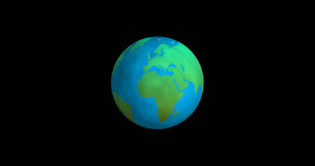 Image of planet earth with green continents and blue oceans and seas on black background
