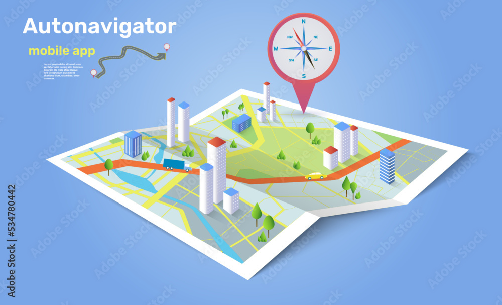 Poster gps point pin. city map. auto navigator mobile app. isometric street plan. car transportation pointe