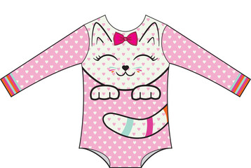Drawing for a print of beachwear, and pool wear. Cute kitten face smiling.
