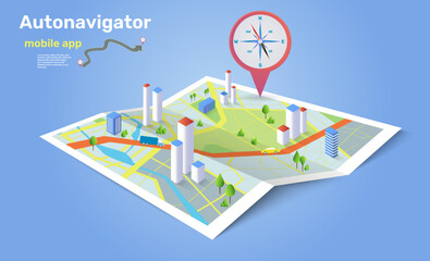 Obraz premium GPS point pin. City map. Auto navigator mobile app. Isometric street plan. Car transportation pointer or building marker. Tourism route. Transport navigation concept. Vector background