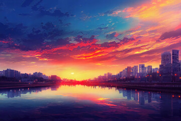 Fototapeta na wymiar anime style, Sunset Seoul City at han river South Korea , Anime style