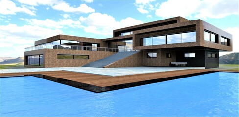 The concept of a luxury villa with a swimming pool. Wall decoration old brick. Sidewalk made of massive concrete slabs. 3d rendering.