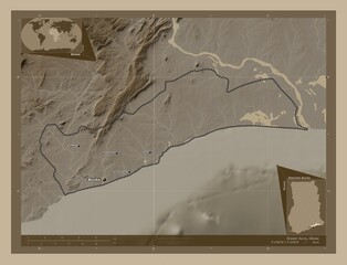 Greater Accra, Ghana. Sepia. Labelled points of cities