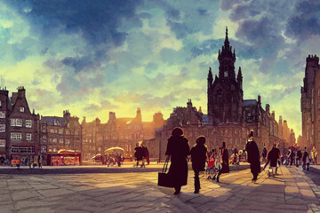 Obraz premium cartoon drawing Tourists walking around the capital city This is a famous landmark Edinurgh city centre scotland Uk th 2 , Anime style no watermark