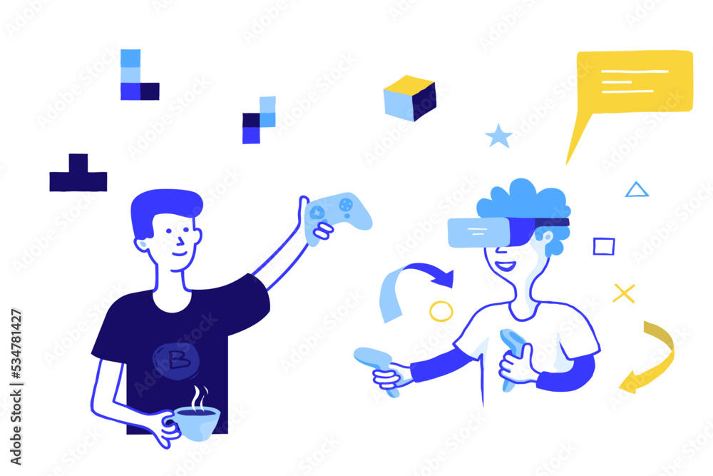 Poster Game development concept. Doodle VR and 3D video gaming mechanics trendy objects. Boys with playing joystick and augmented virtual reality glasses. Computer technology. Vector gamers set
