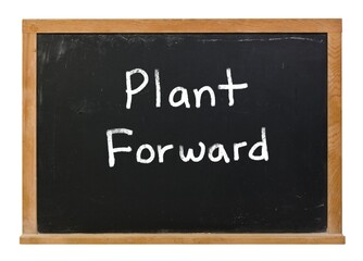 Plant Forward written in white chalk on a black chalkboard