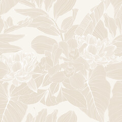Fototapeta na wymiar Exotic flowers and palm leaves illustration. Beige nude seamless pattern.