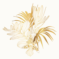 Fototapeta na wymiar Golden floral composition with line troical plants and leaves on white. Romantic design for natural cosmetics, perfume, women products. Can be used for greeting card, wedding invitation.