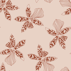 Seamless floral pattern with orchids Cymbidium line on beige. Hand drawn illustration for fabric, wrapping, prints and other design. - obrazy, fototapety, plakaty