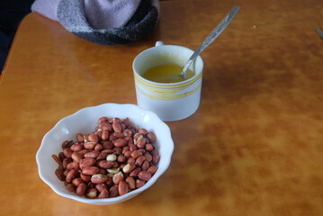 nuts honey black and white photo visible plaid healthy food