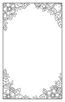recommend clip art: Black and white outline floral frame, beautiful flower bouquets in the corners.