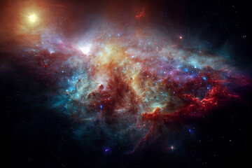 Fototapeta premium Wonderful Cosmic Nebula 3D Visualization Art Work Awesome Abstract Background. Cosmos Stars Cluster Structure Stunning Astrophotography Magnificent Wallpaper. Astronomy and Deep Space Exploration
