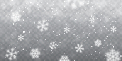 Christmas snow. Falling snowflakes on transparent background. Snowfall. Vector illustration