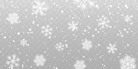 Christmas snow. Falling snowflakes on transparent background. Snowfall. Vector illustration