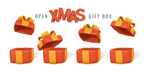 Open 3D realistic gift box with ribbon and bow for Xmas holiday. Vector illustration