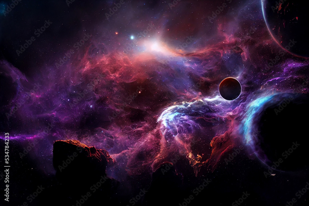 Wall mural distant cosmic worlds researching 3d concept art spectacular abstract background. deep space explora