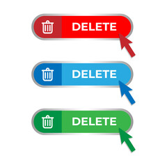 Delete button with trash can symbol and cursor mouse click. Set of modern web button on transparent background