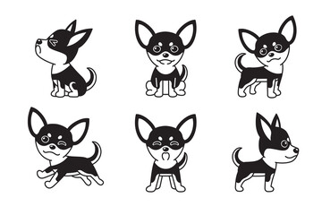 Vector cartoon set of black and white color chihuahua dog for design.