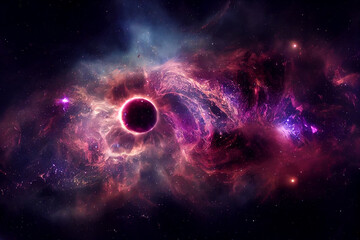 Cosmic Black Hole and Nebula 3D Concept Art Purple Stunning Abstract Background. Grand Wormhole Portal in Deep Space Fantastic Science Fiction Movie Scene. Distant Cosmic Worlds Spectacular Wallpaper