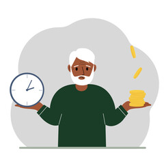 A old man makes a decision or chooses between two options or alternatives, a watch and a pile of coins. The concept of time or money, the balance between work and leisure.