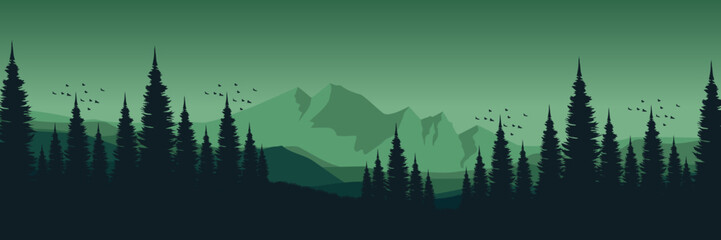 tree silhouette in mountain landscape with tree silhouette flat design vector illustration good for wallpaper, background, backdrop, banner, and design template