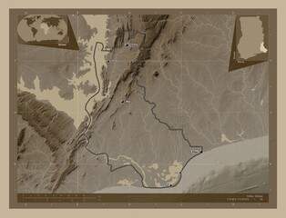 Volta, Ghana. Sepia. Labelled points of cities