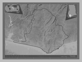 Western, Ghana. Grayscale. Labelled points of cities