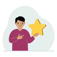 The boy is holding a star. Service rating or positive user rating. Consumer review of the product. Feedback.