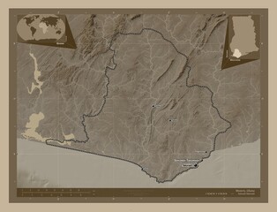 Western, Ghana. Sepia. Labelled points of cities