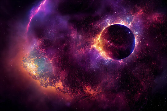 Collapse of Alien Planet 3D Art Work Purple Spectacular Abstract Background. Destruction of Huge Cosmic Spherical Body in Deep Space Artwork. Fantastic Distant Cosmic Worlds Magnificent Wallpaper © yamonstro