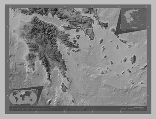 Attica, Greece. Grayscale. Labelled points of cities