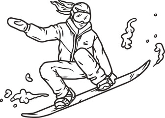 Winter sports snowboarder on a snow board in the grab jump. Outline hand drawing in vector