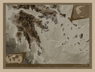 Attica, Greece. Sepia. Labelled points of cities