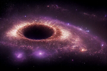 Naklejka premium Supermassive Black Hole in The Center of Spiral Galaxy 3D Art Work Spectacular Abstract Background. Majestic Giant Cosmic Wormhole and Stars Cluster in Deep Space Wallpaper. Distant Cosmos Researching