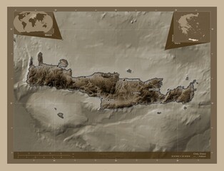 Crete, Greece. Sepia. Labelled points of cities