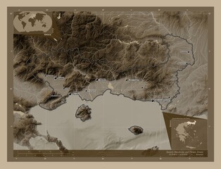 Eastern Macedonia and Thrace, Greece. Sepia. Labelled points of cities