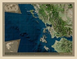 Ionian Islands, Greece. High-res satellite. Labelled points of cities