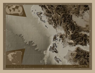 Ionian Islands, Greece. Sepia. Labelled points of cities