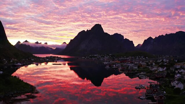 pink sunset Lofoten Islands Norway. Reine Lofoten is an archipelago in the county of Nordland, Norway. Aerial view