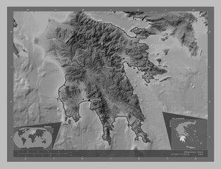 Peloponnese, Greece. Grayscale. Labelled points of cities