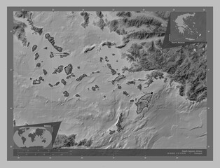 South Aegean, Greece. Grayscale. Labelled points of cities