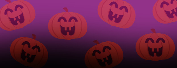 Funny pumpkins smiling pattern banner. Spooky Halloween illustration background. 