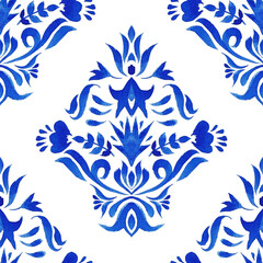 Watercolor blue damask hand drawn floral design. Seamless pattern, tiling ornament.