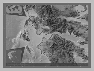 Western Greece, Greece. Grayscale. Labelled points of cities