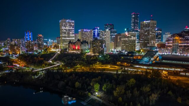 Edmonton's skyline at night in a drone hyperlapse
