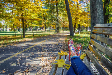 A man is resting on a bench among yellow autumn trees in the forest