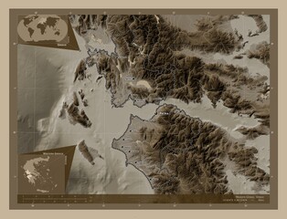 Western Greece, Greece. Sepia. Labelled points of cities