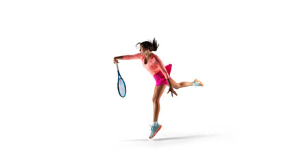 Fototapeta na wymiar Woman playing tennis isolated on white